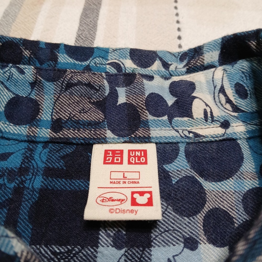 Uniqlo + Disney Men's Bue Cotton Plaid Mickey L/S Flannel Shirt Size L - Picture 3 of 8